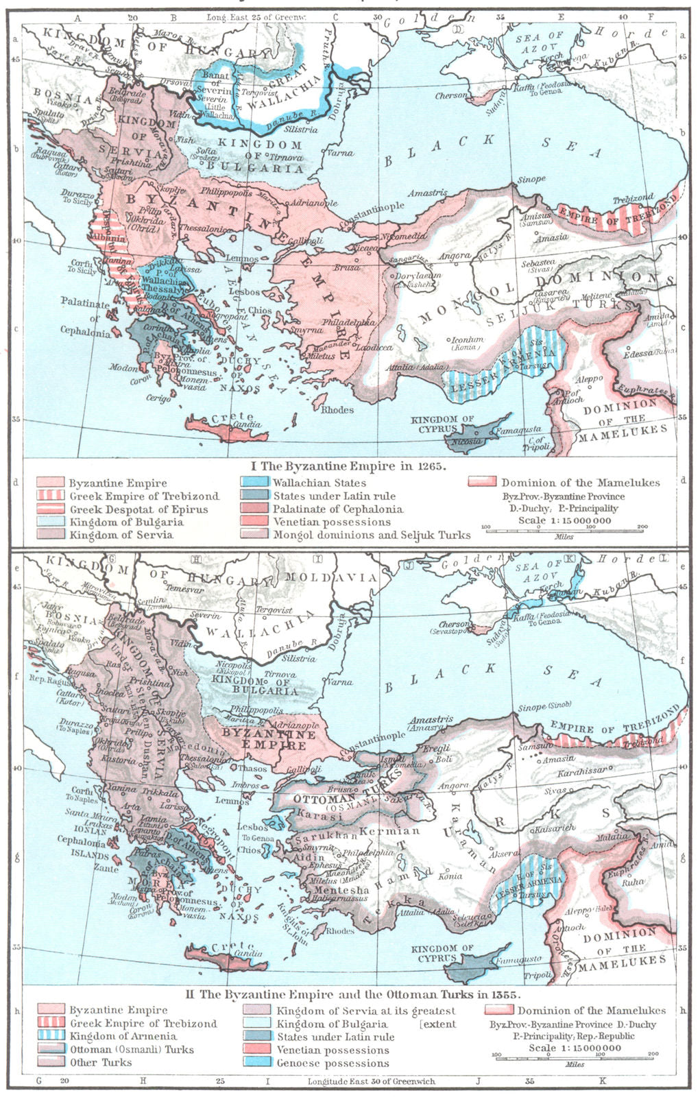 EUROPE. I Byzantine Empire in 1265; II & Ottoman Turks 1355 1956 old map